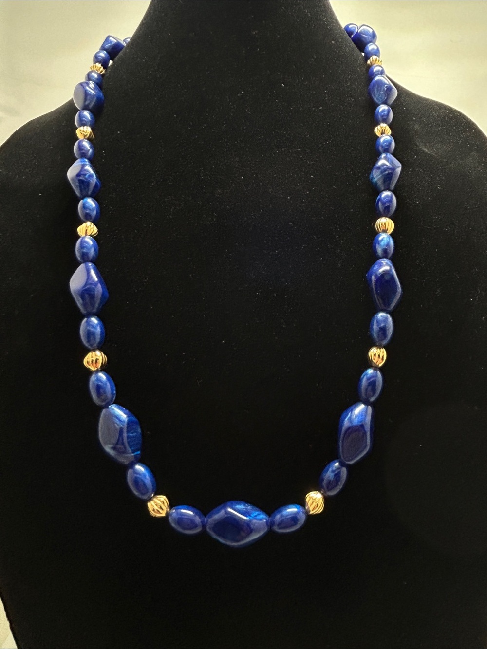 Trifari, Vintage Marbled Blue Lucite And Gold Beaded Long Necklace